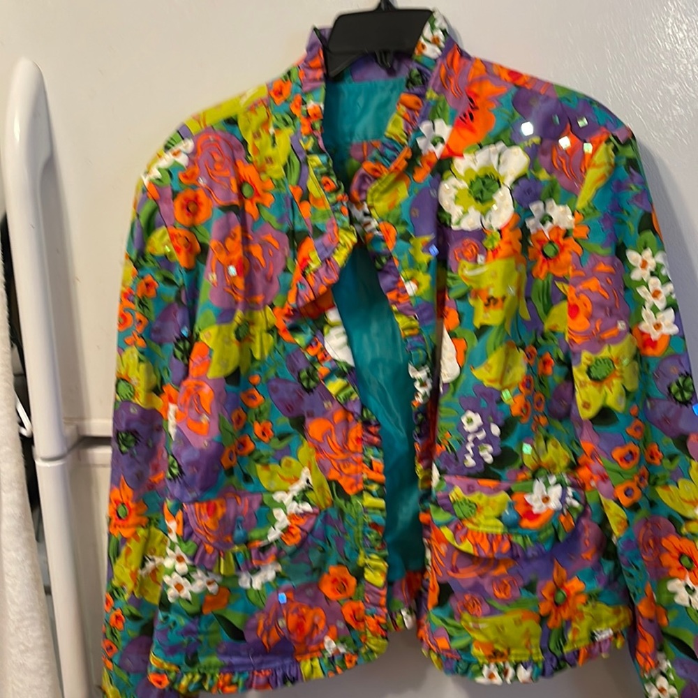 REDD Floral Cotton Jacket With Ruffles Size 16 Orange/Green/Purple Beaded (BR)